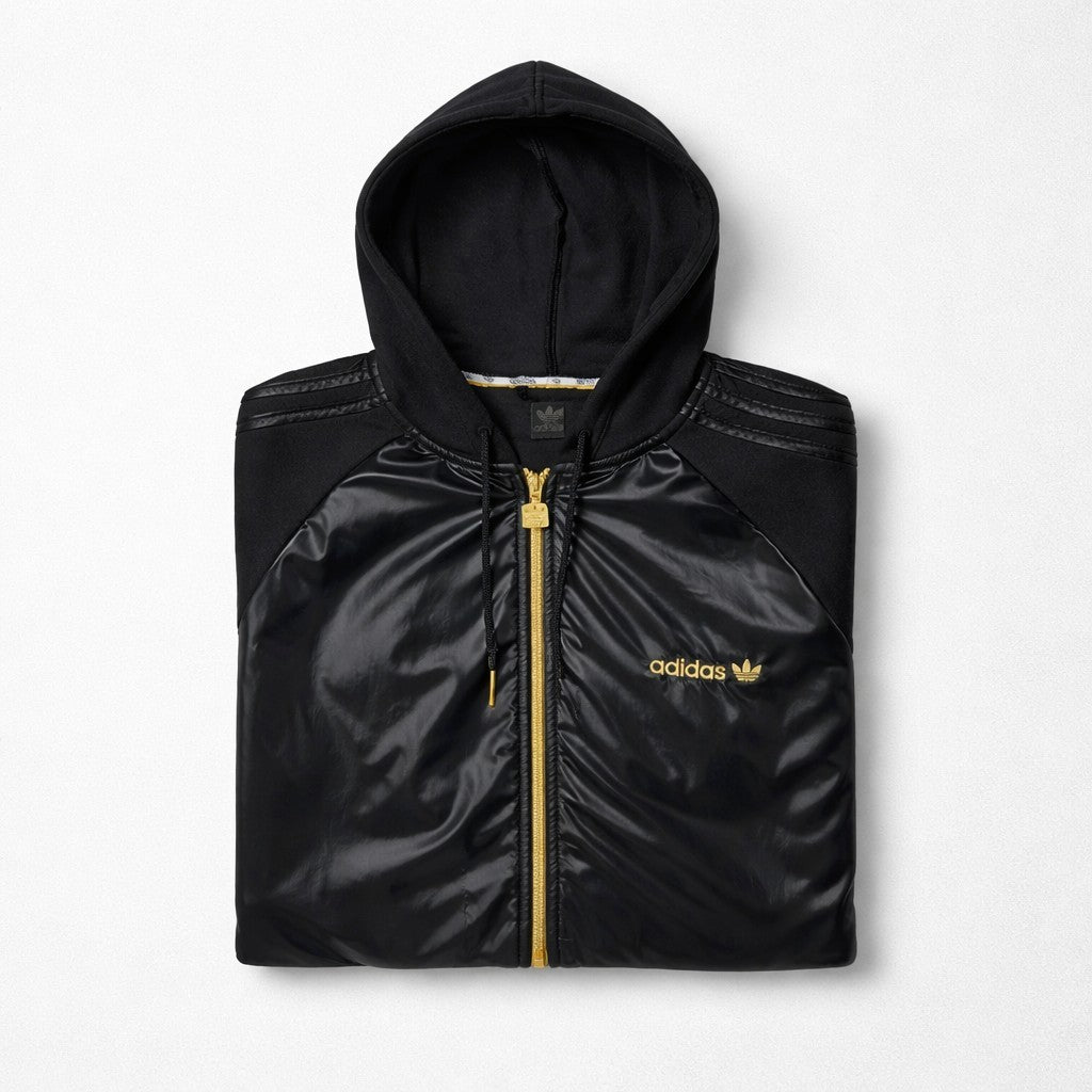 Adidas Originals Jacke Damen Gr. S Schwarz Gold Zip Hoodie Kapuzenjacke Glanz