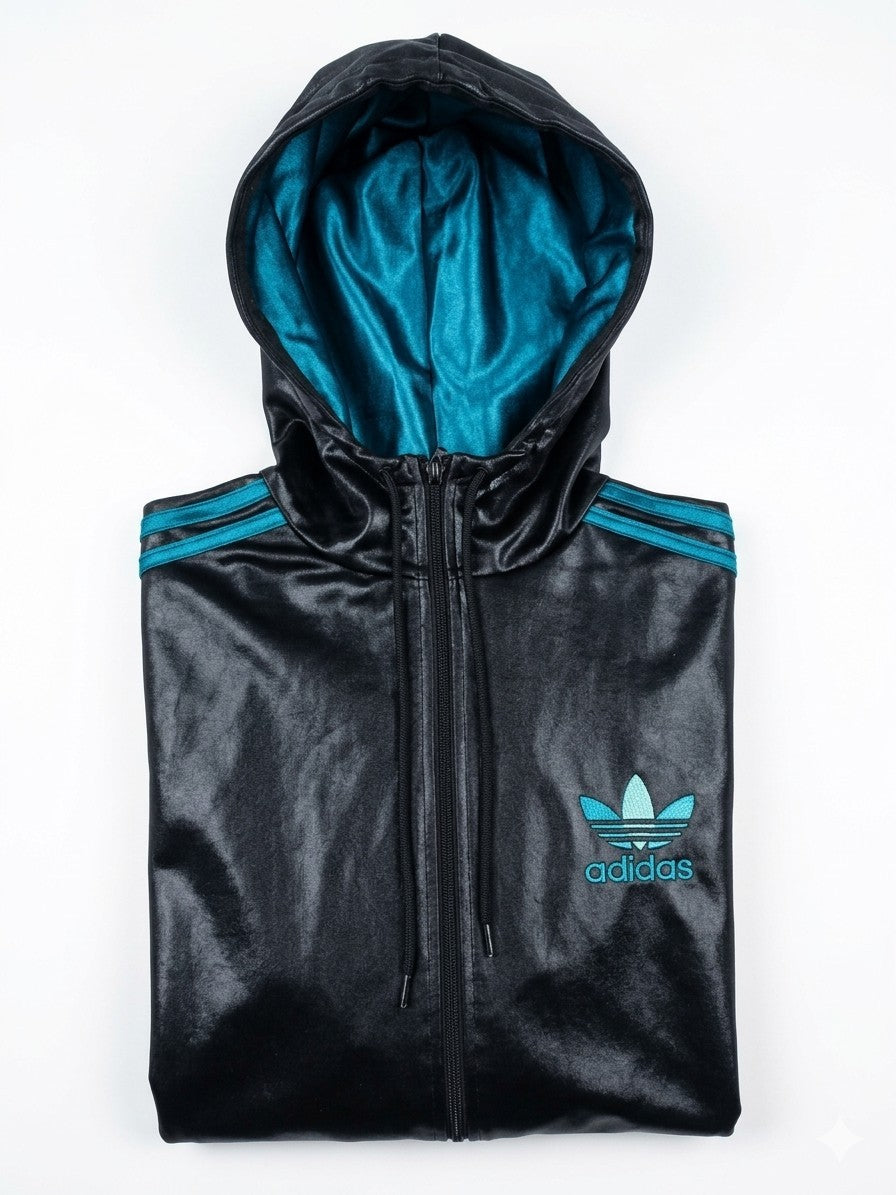 Adidas Chile 62 Jacke Hoodie Schwarz Türkis Wet-Look Glanz Gr. S Herren / Unisex