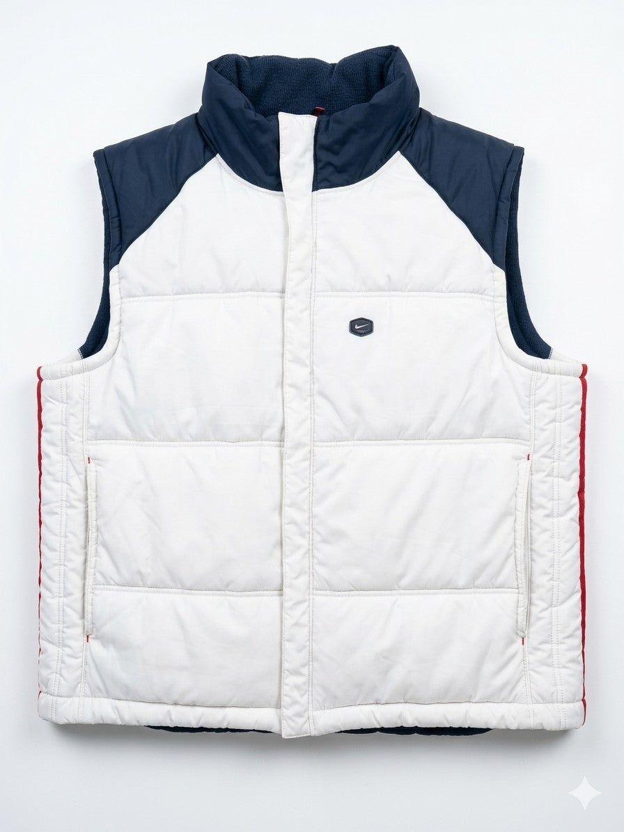Nike Vintage Puffer Weste Herren L Weiß Dunkelblau Gesteppt Fleece-Futter Retro