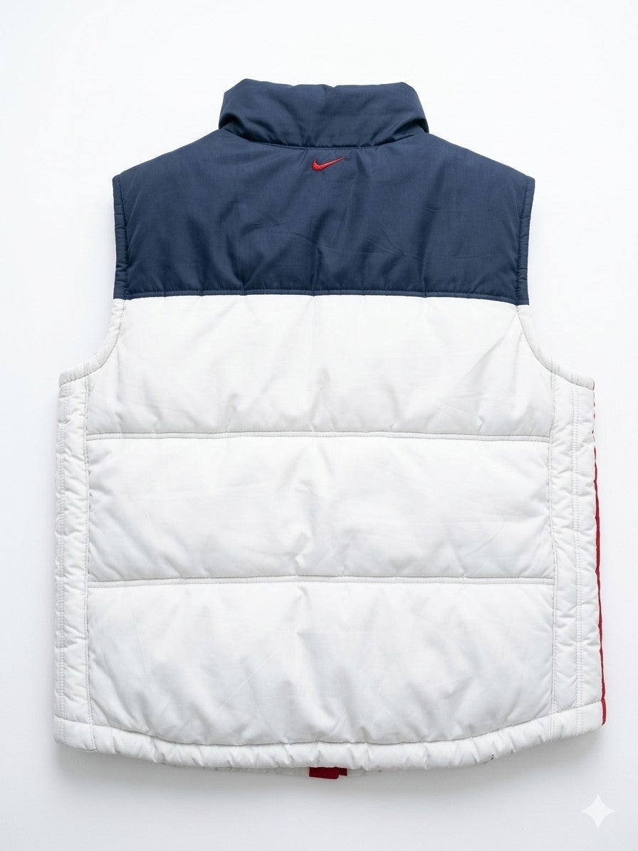 Nike Vintage Puffer Weste Herren L Weiß Dunkelblau Gesteppt Fleece-Futter Retro