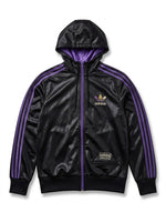 Adidas Originals Chile 62 Wet-Look Kapuzenjacke – Schwarz/Lila/Gold – Gr. S
