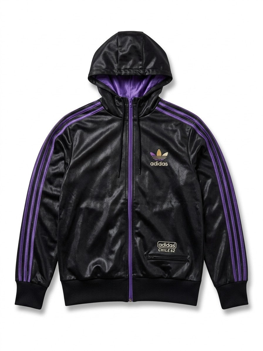 Adidas Originals Chile 62 Wet-Look Kapuzenjacke – Schwarz/Lila/Gold – Gr. S