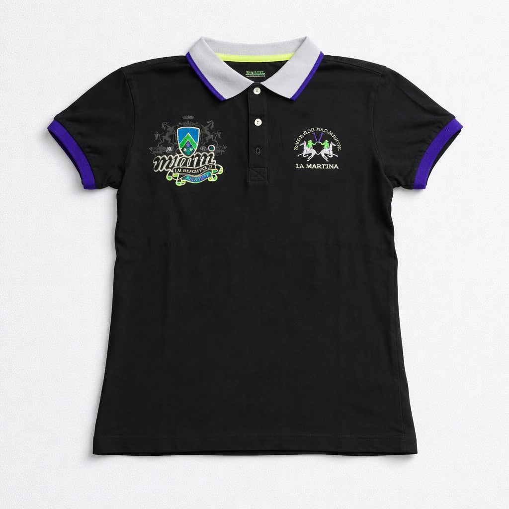 La Martina Damen Polo-Shirt Gr. M | Schwarz mit lila Details | Miami Polo Team