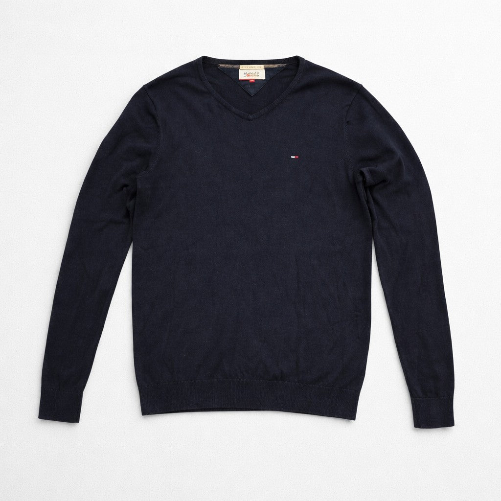 Tommy Hilfiger - Denim Strickpullover Herren Gr. M Navy Blau V-Ausschnitt Logo