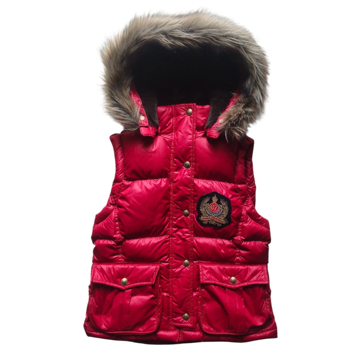 Ralph Lauren Polo Jeans Damen Weste Gr. S Rot Puffer Kapuze Kunstfell-Besatz