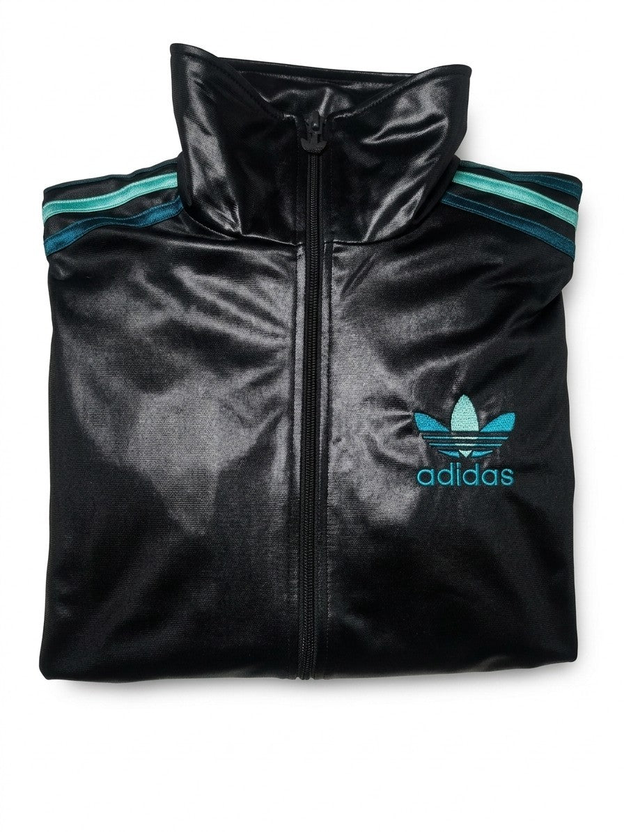 Adidas Chile 62 Jacke Schwarz Türkis Wet-Look Glanz Mit Kragen, Gr. S Herren