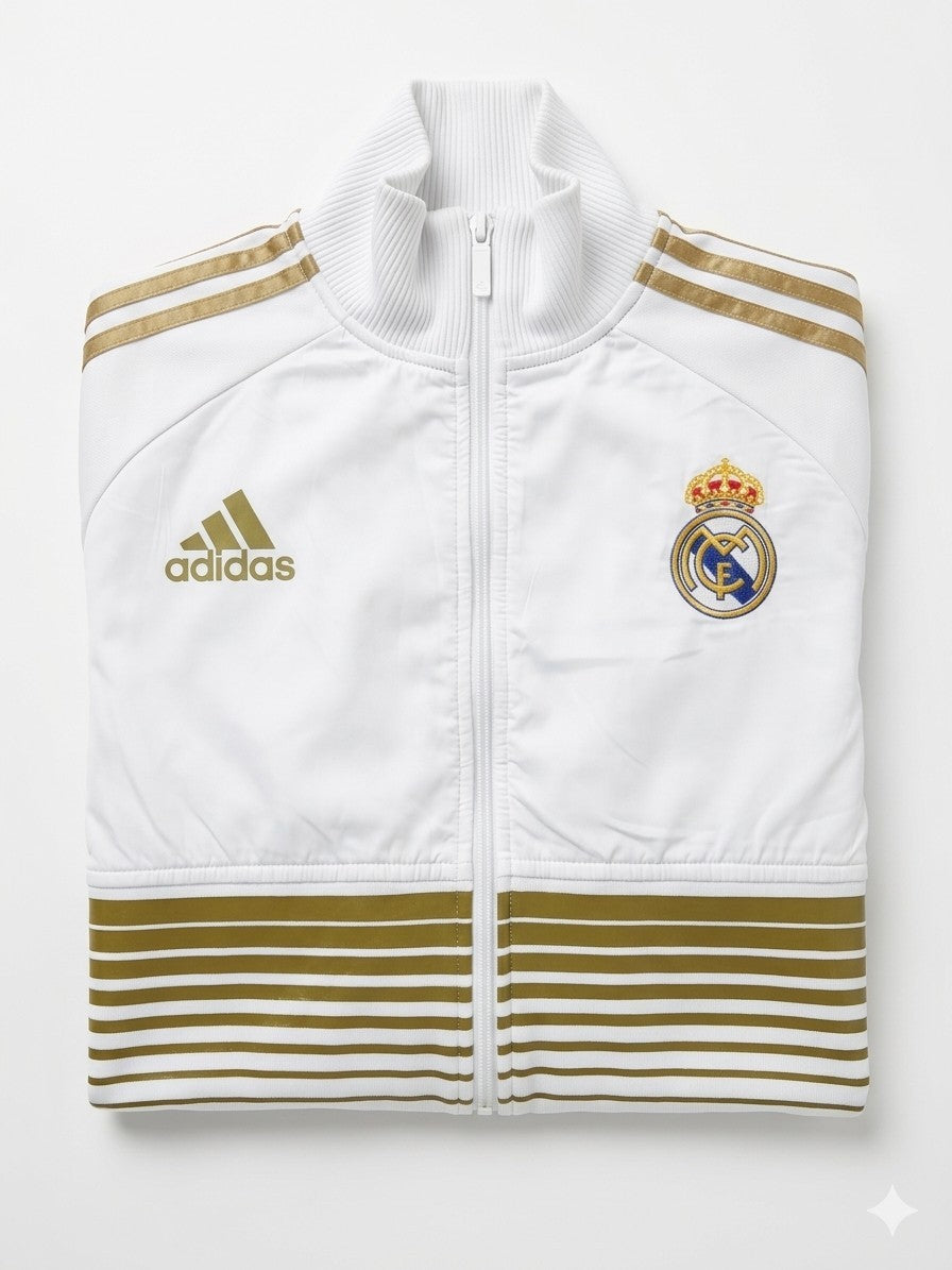 Vintage Adidas Real Madrid Track Jacket - Weiß-Goldene Streifen - Gr. M - Selten