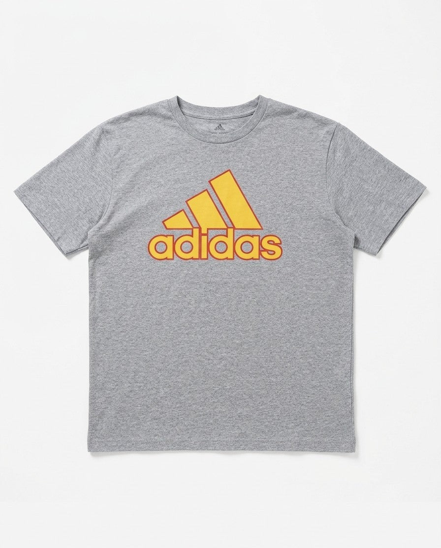Adidas T-Shirt Herren Grau – Größe L – Gelb-Rotes Logo Vintage-Style
