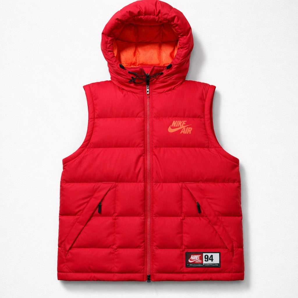 Nike Air Herren Puffer Weste Rot Orange Kapuze Steppweste Gr. S Winterweste