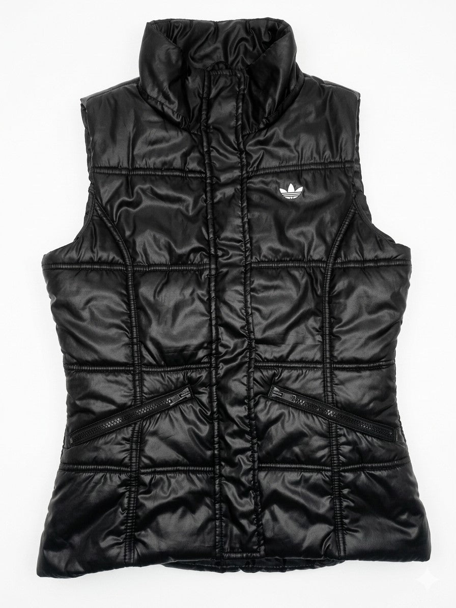 Adidas Weste Damen Schwarz Glanz Steppweste Gr. 36 (S) Trefoil Wet-Look Puffer